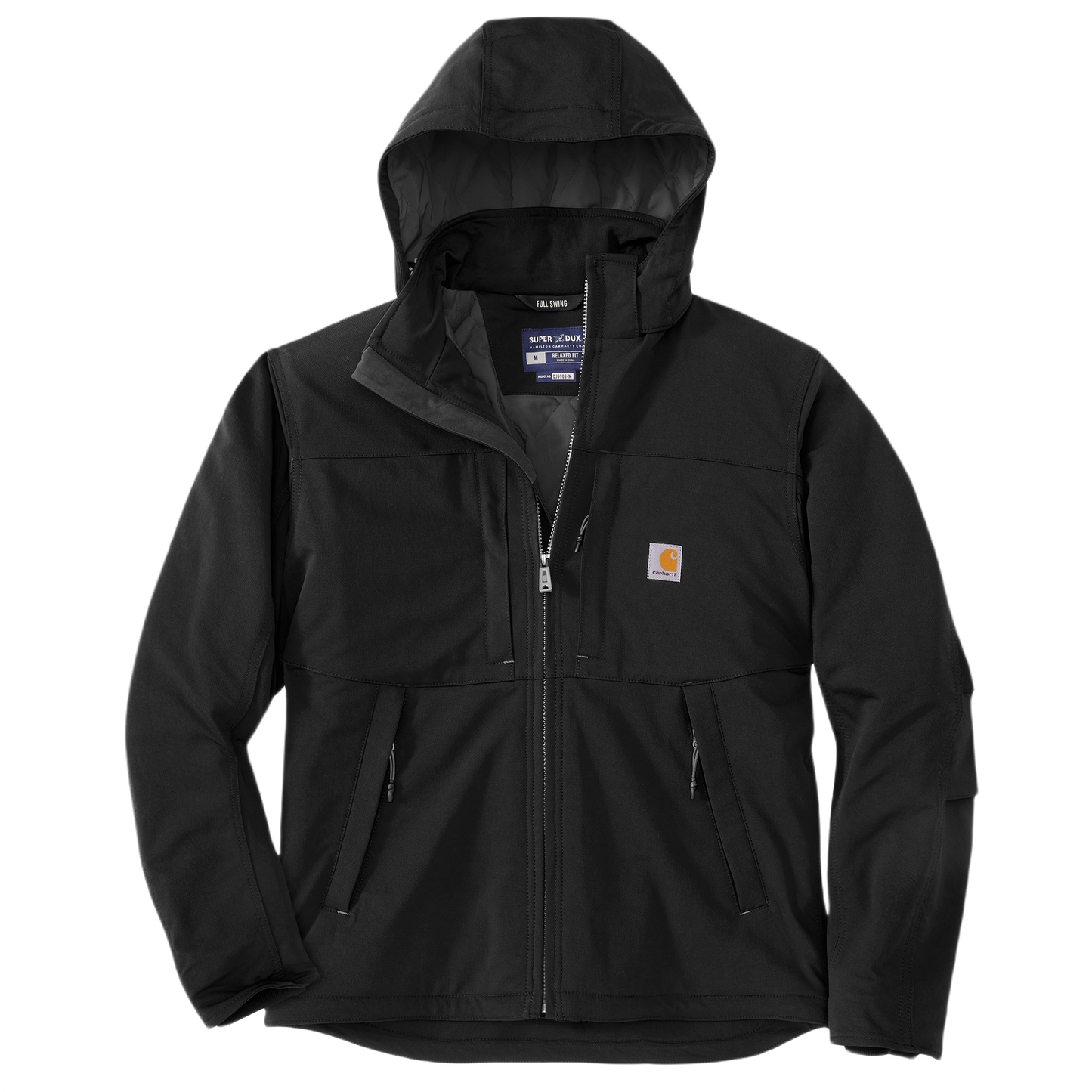 Black insulated men's work jacket with full zip, adjustable hood, durable fabric, and multiple zippered pockets for outdoor and workwear collections.