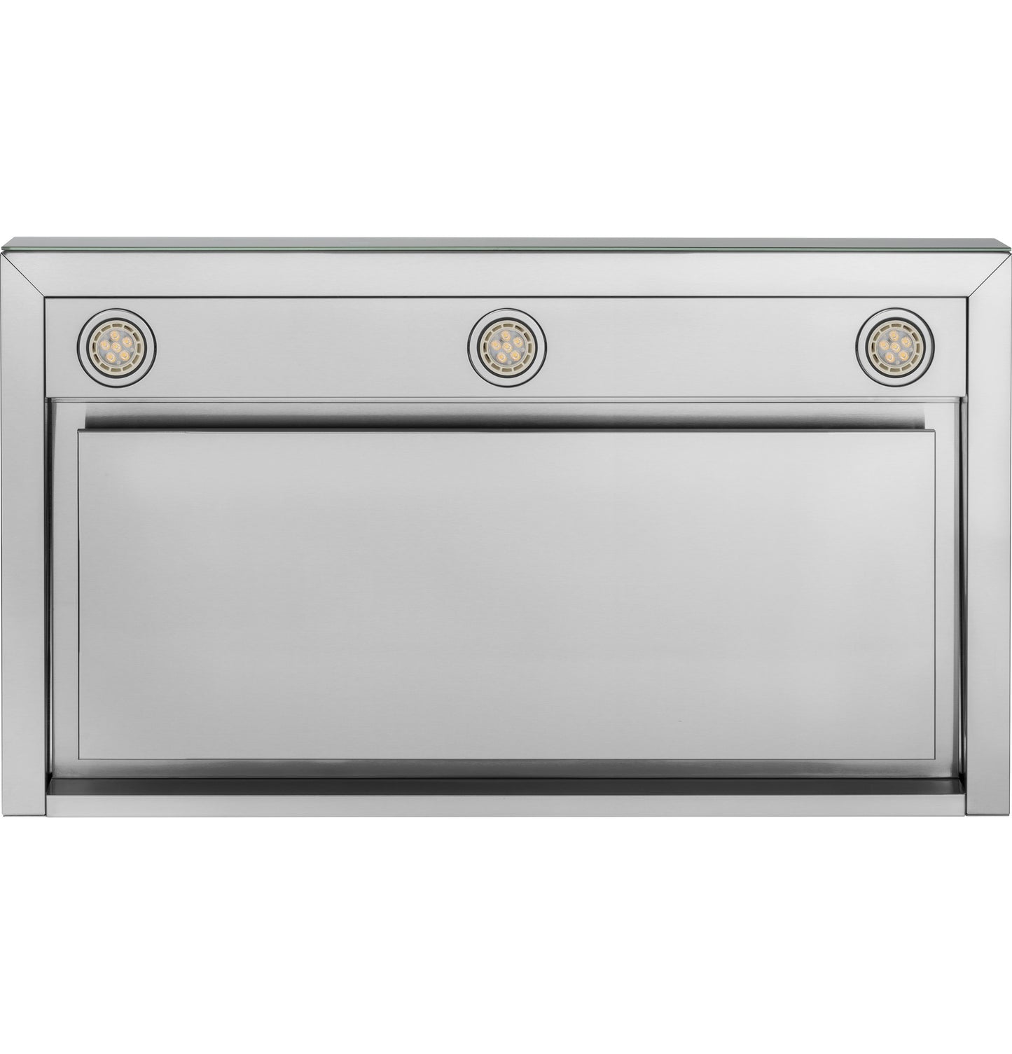 Smart stainless steel designer wall mount hood with perimeter venting and built-in LED lights for kitchen improvement.