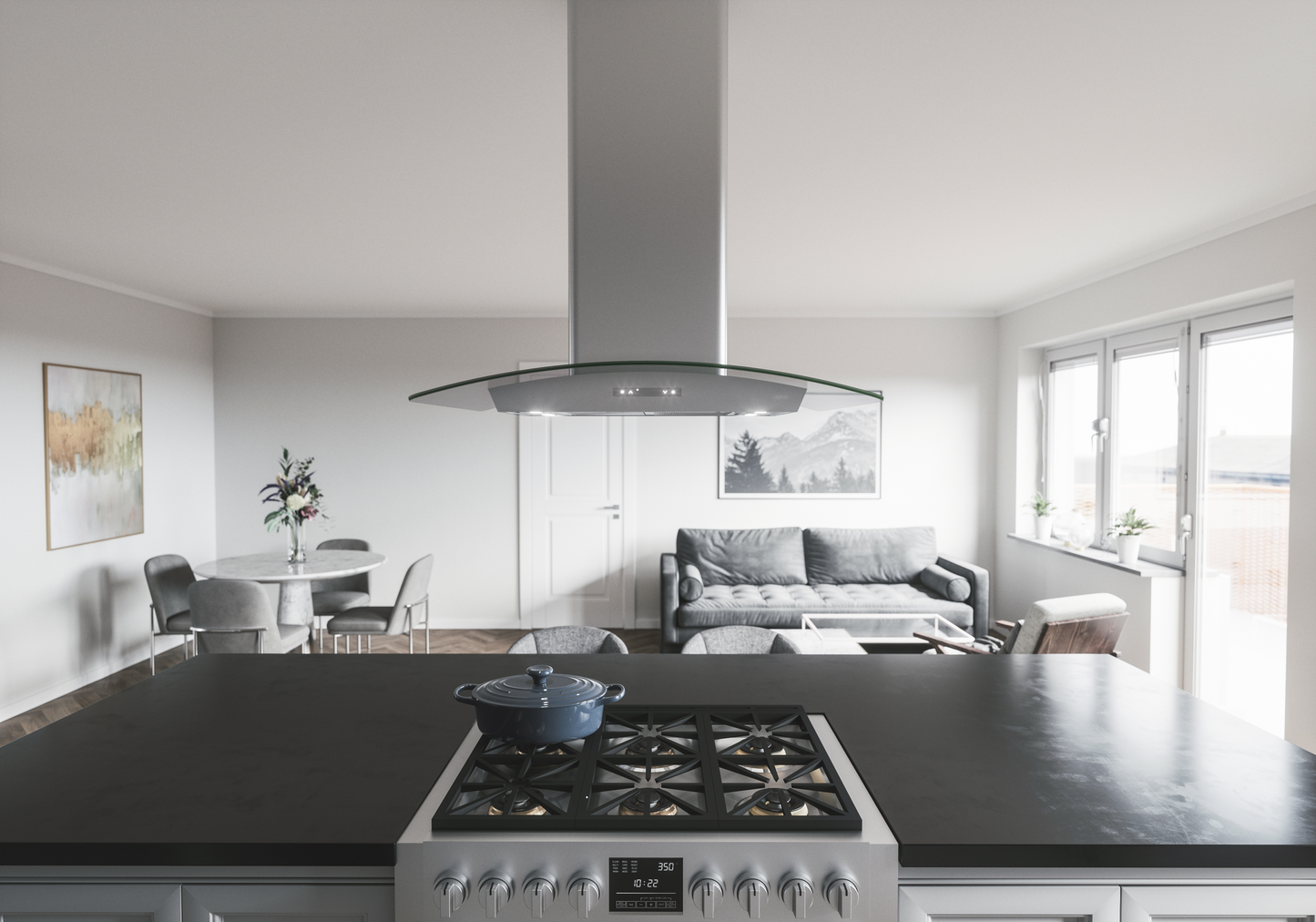 Contemporary kitchen island range hood with curved glass canopy above stovetop in bright open kitchen and living space
