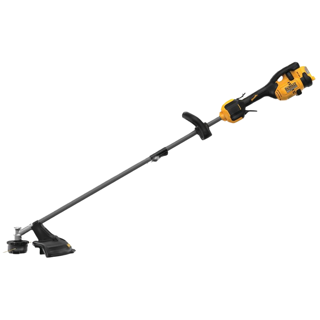 Yellow and black cordless string trimmer with 17-inch cutting swath and attachment capability for home improvement tasks