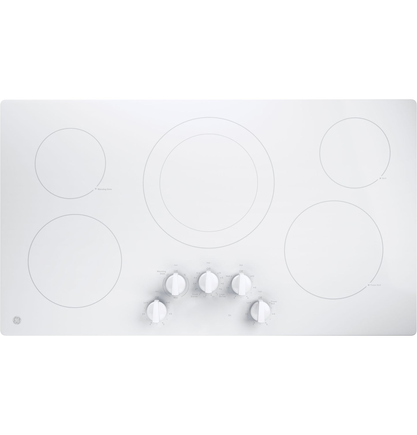 White electric cooktop with six knob controls and five heating elements from kitchenware appliances collection