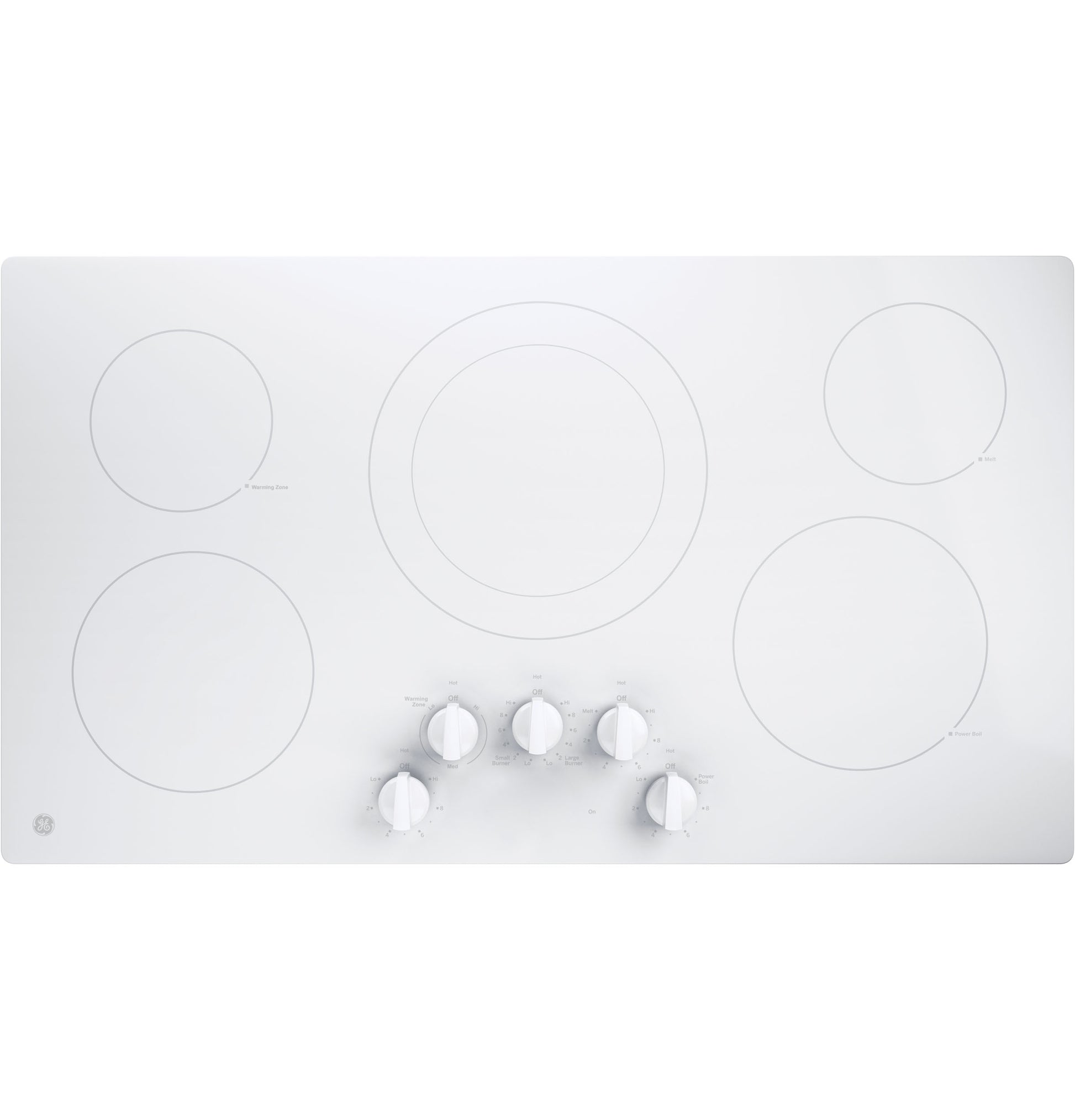 White electric cooktop with six knob controls and five heating elements from kitchenware appliances collection