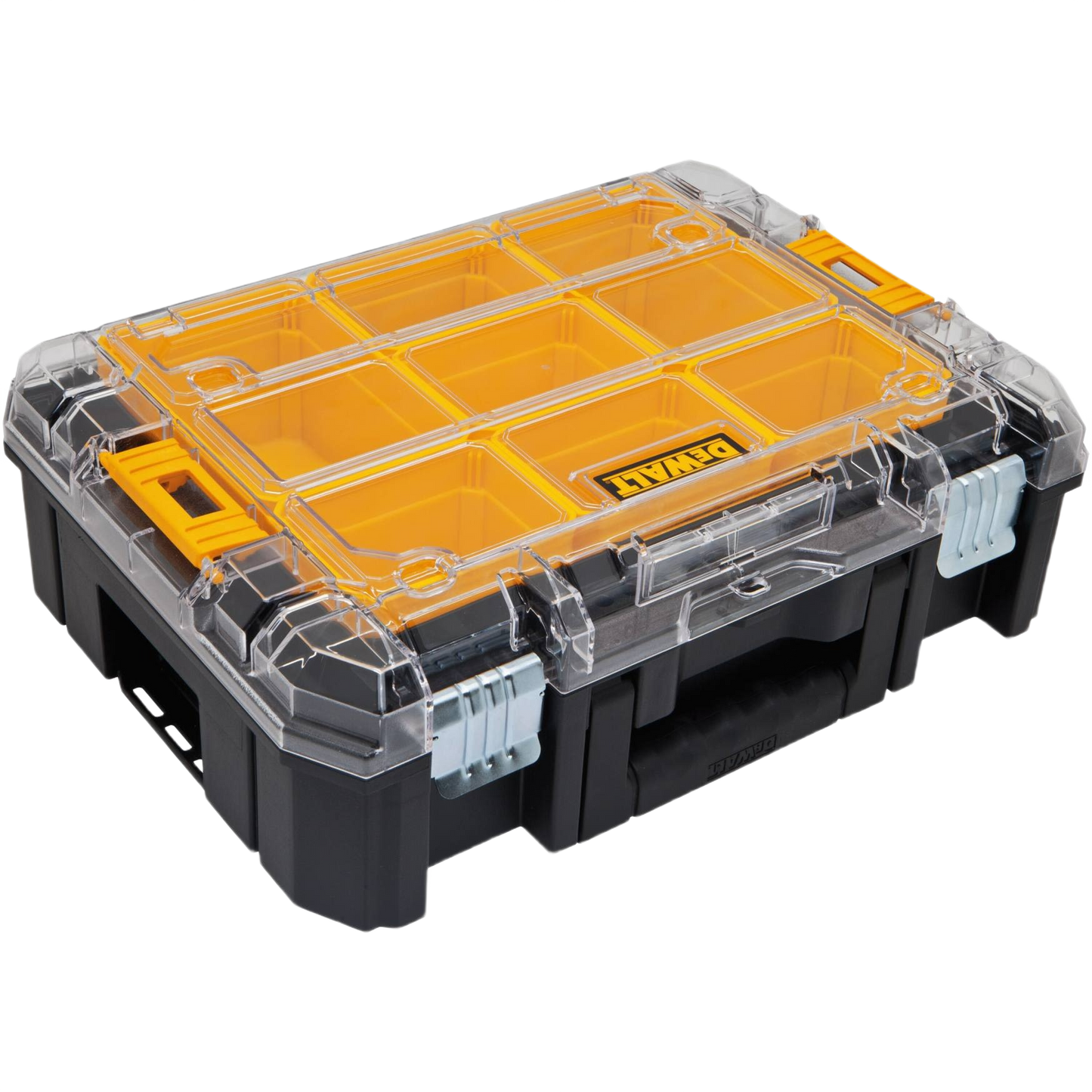 Black and yellow organizer with clear lid and multiple compartments for tool storage and workshop organization under $100