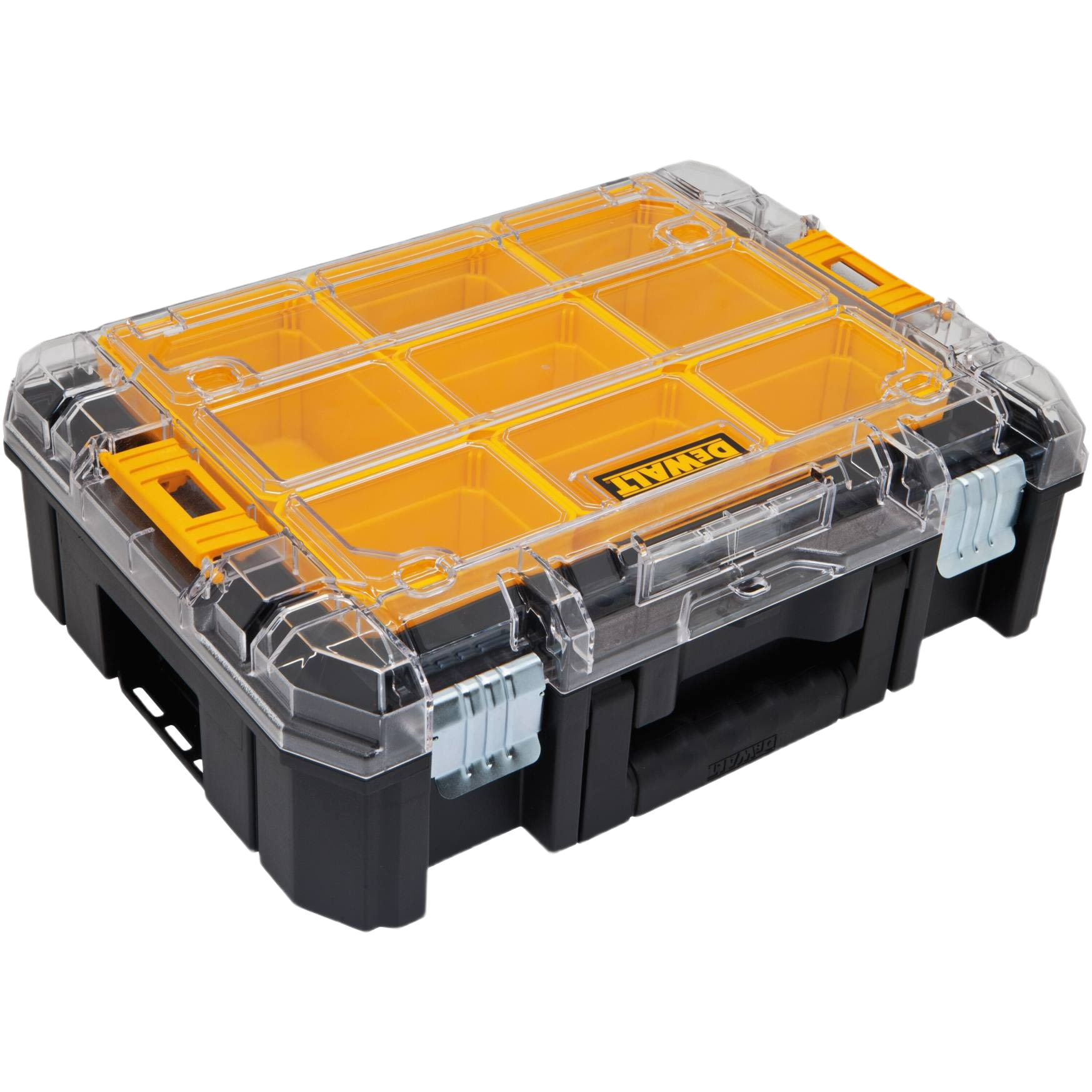Black and yellow organizer with clear lid and multiple compartments for tool storage and workshop organization under $100