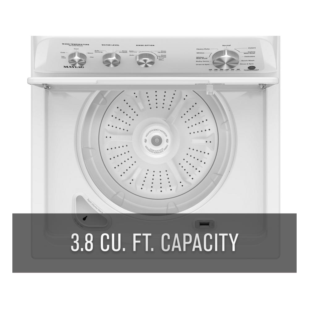 Top view of white top load washer interior and control panel with cycle and water level settings in appliances collection