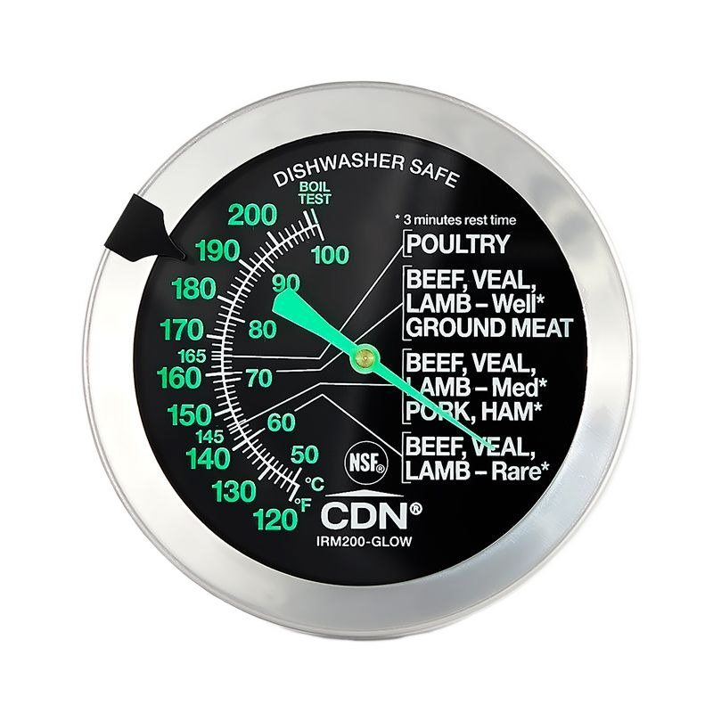 Round stainless steel ovenproof meat thermometer with glow dial, temperature guide, and dishwasher safe for kitchen gadgets collection