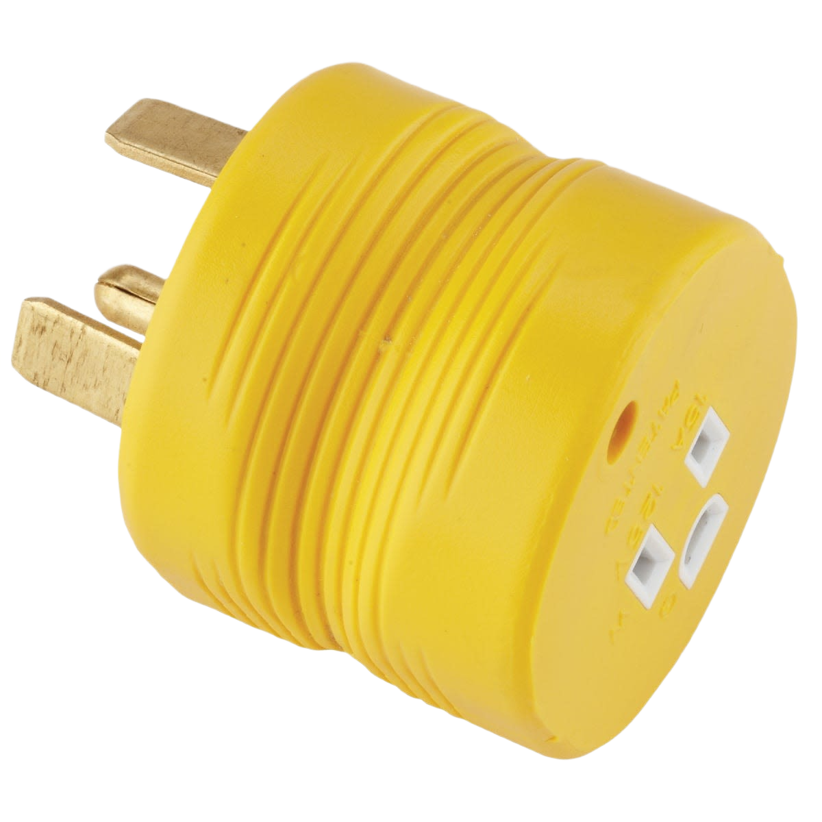Yellow heavy-duty RV electrical adapter plug with brass prongs for converting 30A male to 15A female connections