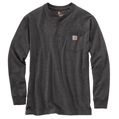 Men’s heavyweight charcoal long-sleeve henley with relaxed fit, three-button placket, and chest pocket featuring logo, part of Carhartt men’s tops under $50.