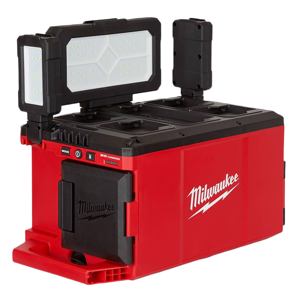 Portable red and black Milwaukee PACKOUT work light and charger with multi-directional LED panels for tools and home improvement