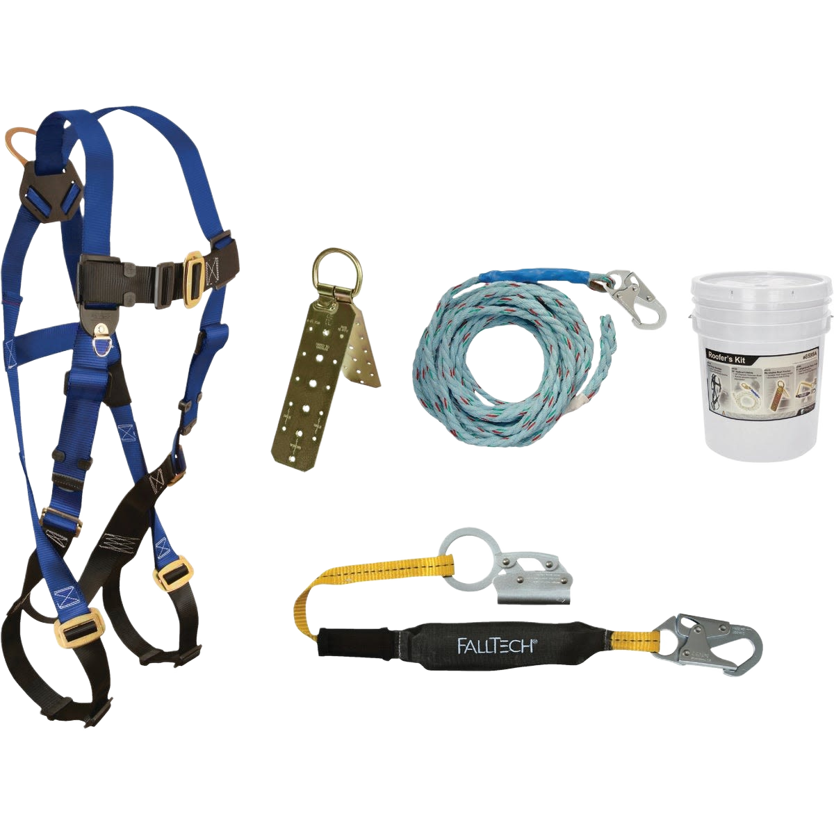 Blue full-body safety harness with rope lanyard, metal connectors, and fall protection components for tools and home improvement.