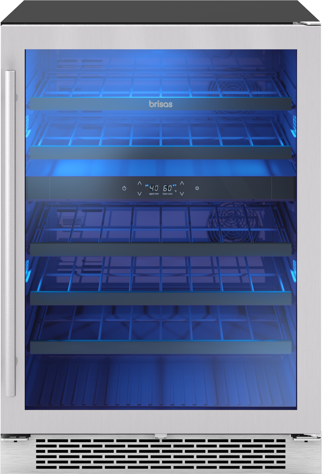Reversible stainless steel wine cooler with glass door, blue interior lighting, dual zone digital controls, and metal shelving