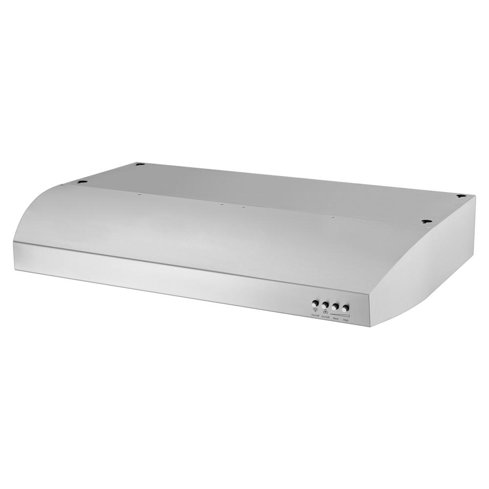 Under-cabinet vented range hood in stainless steel finish with push-button controls for kitchen ventilation and home improvement.