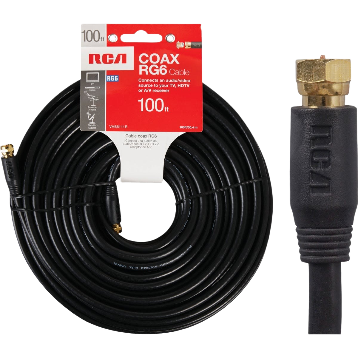 Black RG6 coaxial cable coil with gold-plated connector for audio and video signal transmission in home improvement projects