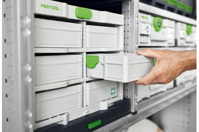 Mobile Festool storage rack with six compartments designed for organizing small Systainer tool boxes in workshop settings