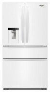 White Whirlpool family-sized French door refrigerator with flexible temperature drawer and in-door filtered water dispenser in kitchen appliances collection