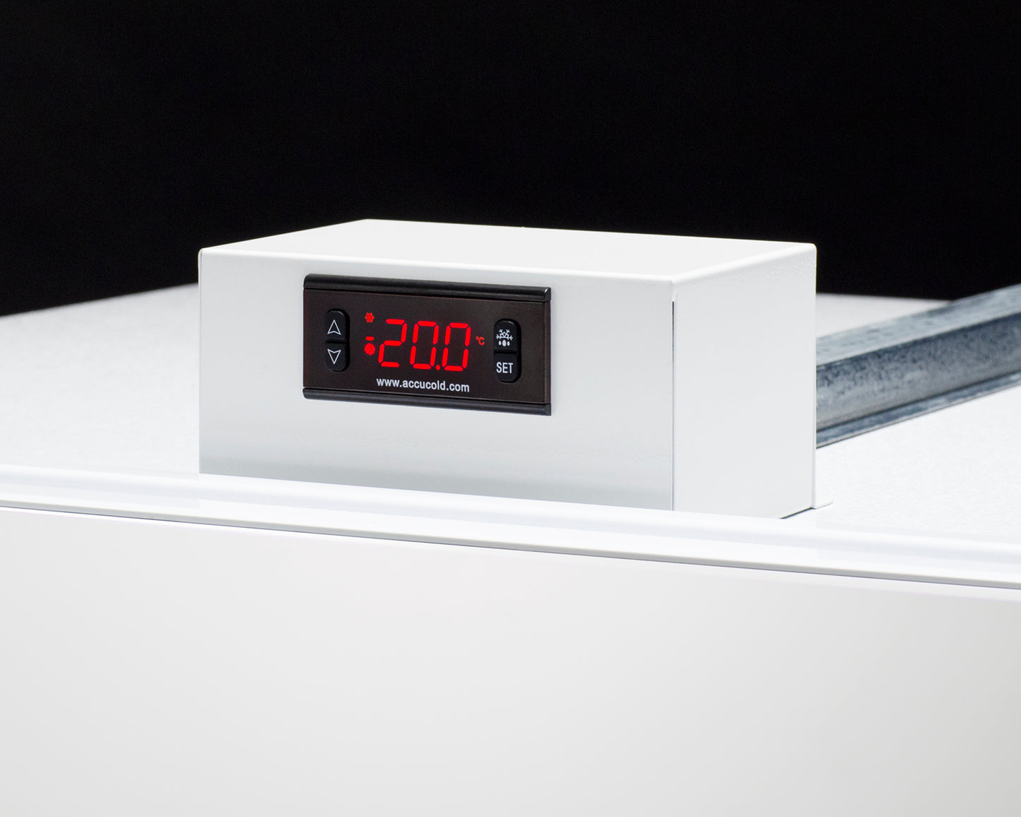 Close-up of digital temperature control panel showing -20º on white upright all-freezer from freezers collection