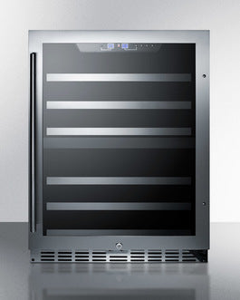 Built-in 24-inch dual zone wine cellar with T4 tinted door and stainless steel frame from kitchen appliances collection