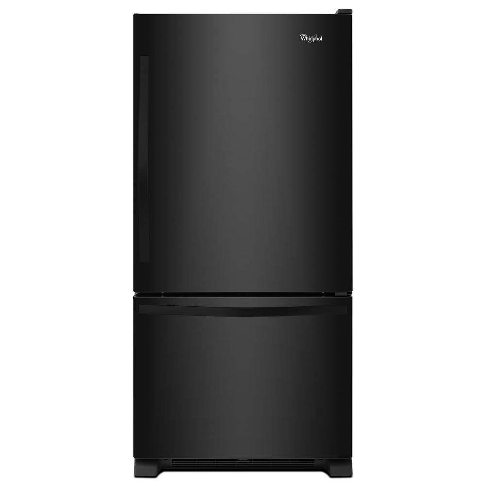 Freestanding black bottom-freezer refrigerator with sleek handle in kitchen appliances and refrigerators collection