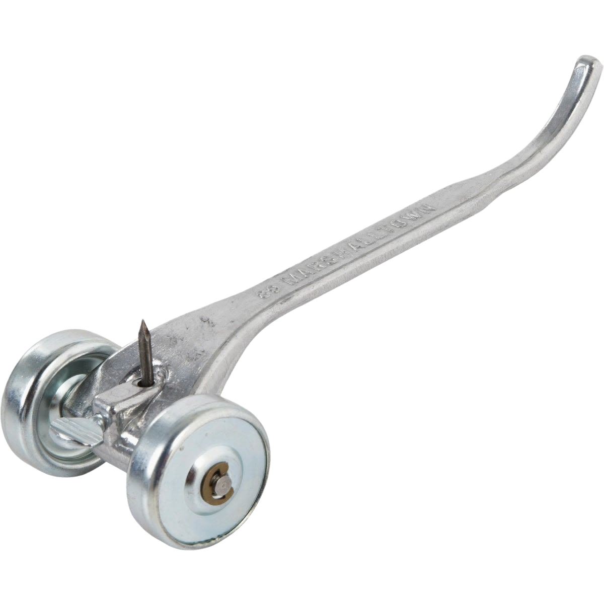 Metal joint raker tool with dual rolling wheels and pointed spike for concrete joint finishing in home improvement tasks