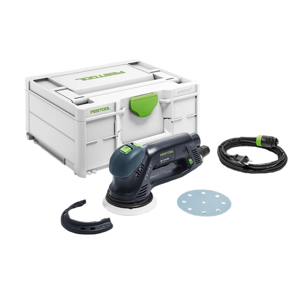 Festool dual mode sander with sanding disc, dust hose, and white storage case for power tool organization
