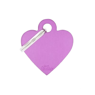 Small purple heart-shaped metal ID tag with a silver keyring attachment for pet identification use