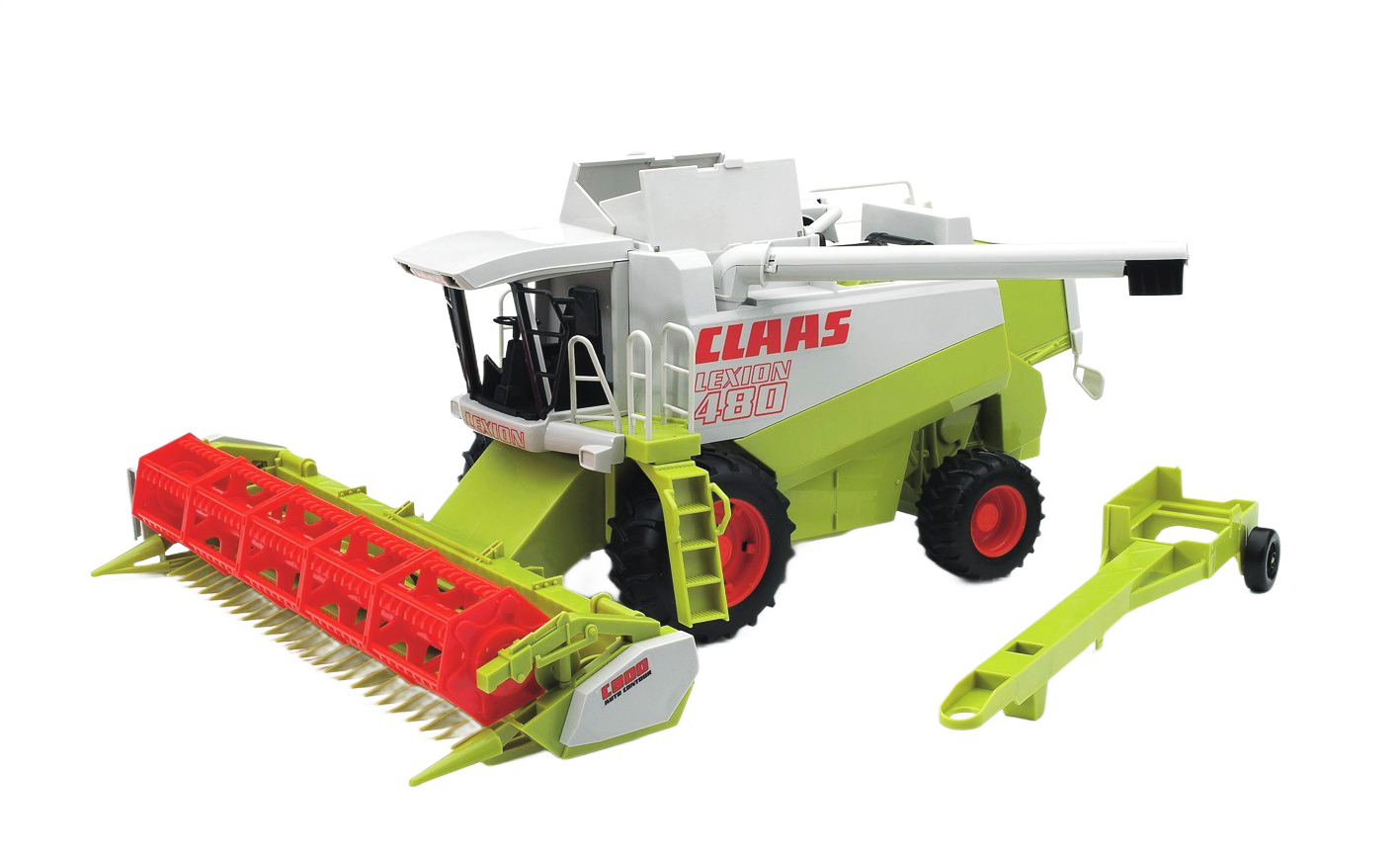 Green and white Bruder Claas Lexion 480 toy combine with red header attachment for farm simulation play