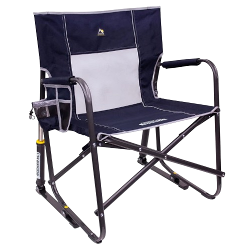 Outdoor navy and gray freestyle rocker with spring-action frame for patio furniture and lawn & garden settings