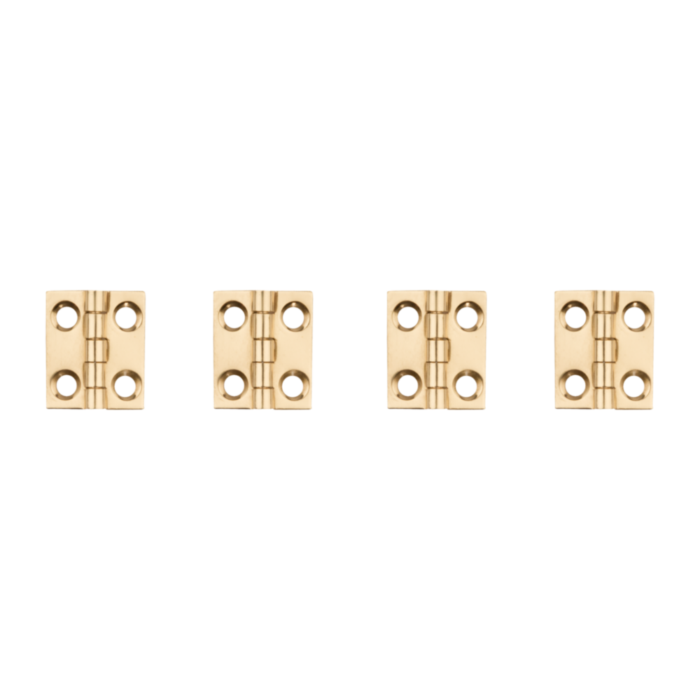 Set of four narrow solid brass decorative hinges with mounting holes for small craft and home improvement projects under $50