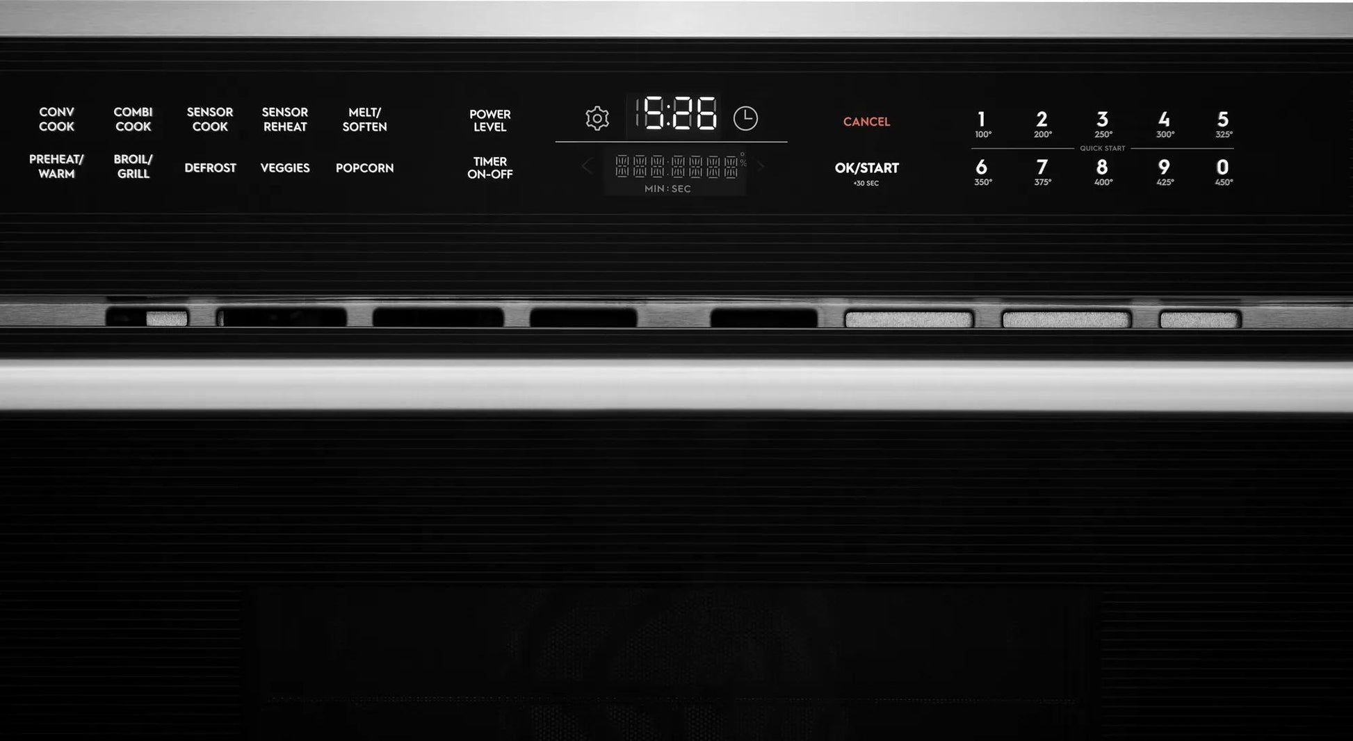 Close-up of digital control panel with glass touch buttons on built-in microwave in kitchen appliance setting