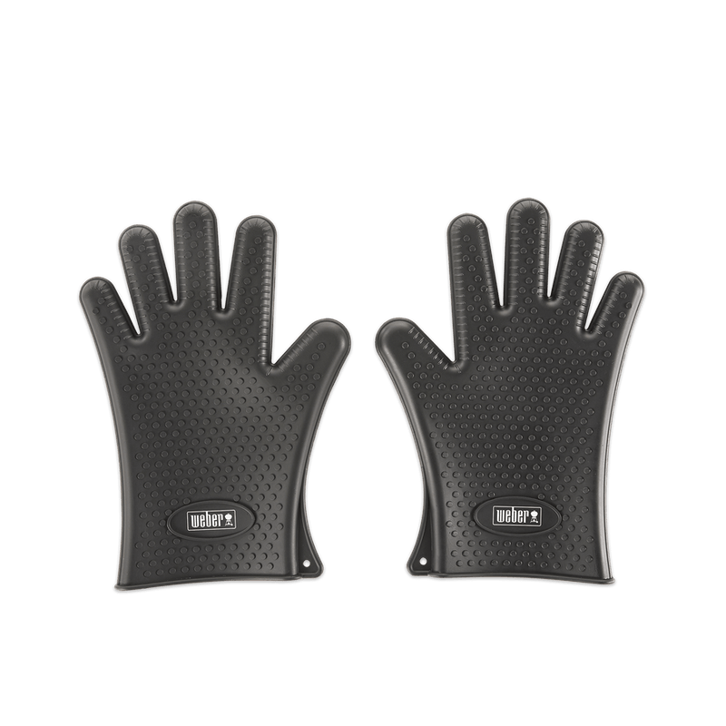 Pair of black silicone grilling gloves with textured grip for safe handling of hot foods in outdoor cooking accessories