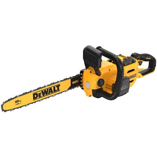 Yellow and black 60V cordless chainsaw with 18-inch bar designed for efficient cutting in home improvement tasks