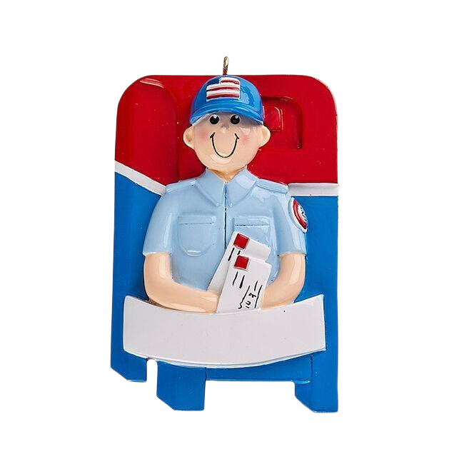 Smiling mailman holding letters in uniform with red and blue mailbox background in Christmas Ornaments & Tree Decorations collection