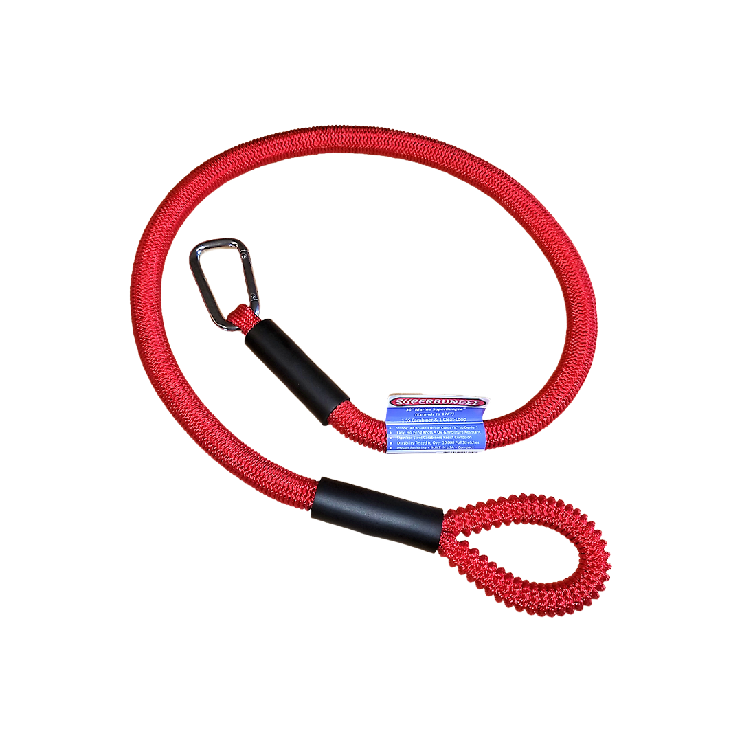 Red marine cord with stainless steel carabiner hook and looped end, tie-down strap for automotive and cargo use under $50 collection