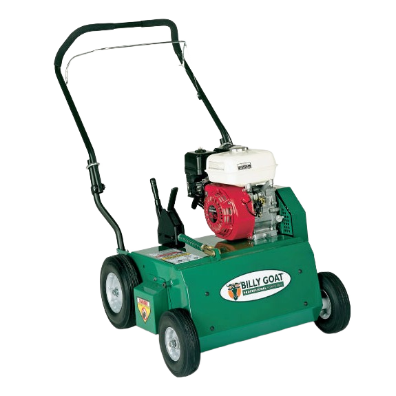 Green self-propelled dethatcher with white and red gas engine, designed for turf care, part of Rental Equipment and All Products at Hartville Hardware.