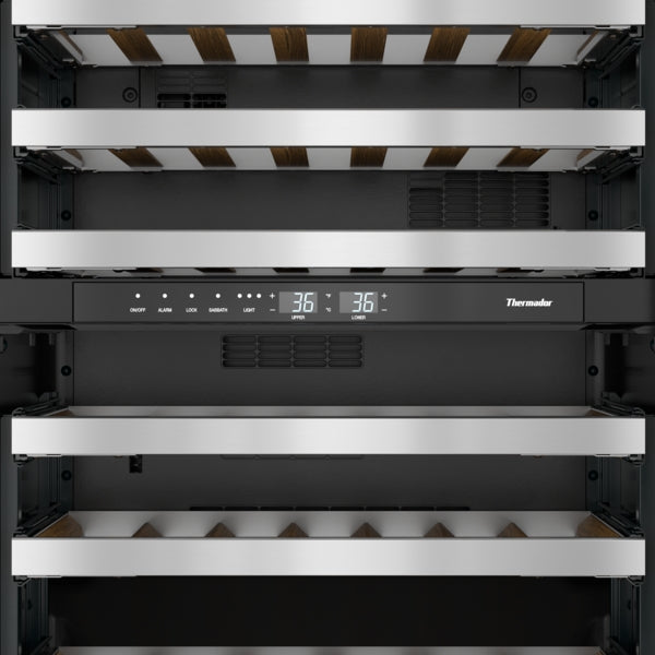 Thermador stainless steel under counter wine cooler with digital dual zone temperature control and wooden shelves
