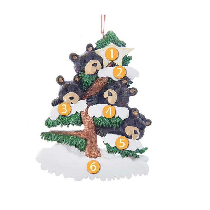 Black bear family of four nestled in snowy tree branches holiday ornament for Christmas décor under $50