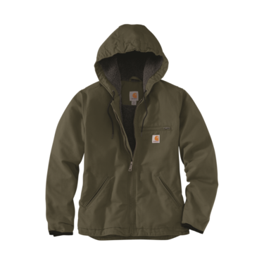 Women's loose fit olive green washed duck jacket with sherpa lining and hood in outerwear collection