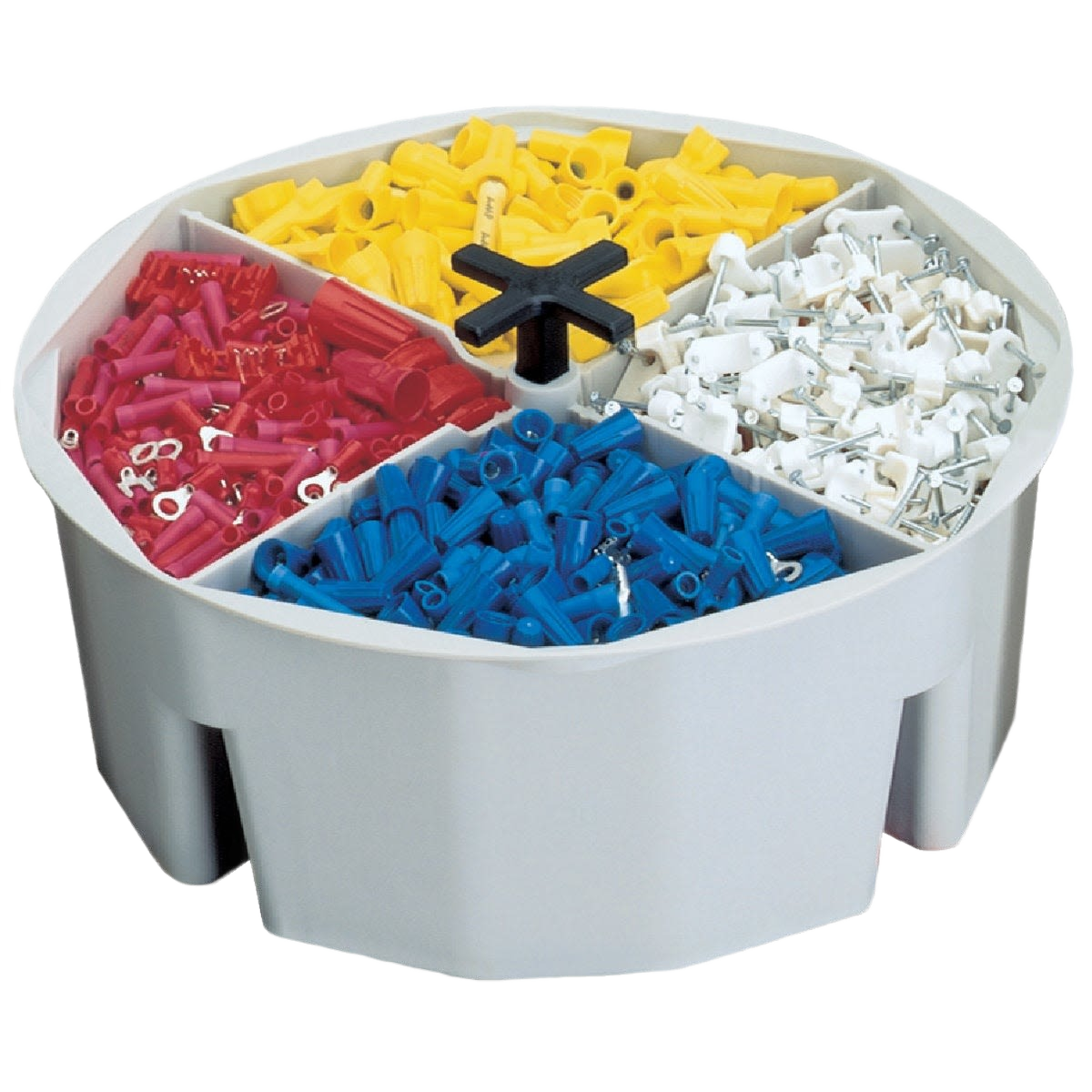 Heavy-duty plastic bucket tray with four compartments organizing small electrical connectors for workshop storage.