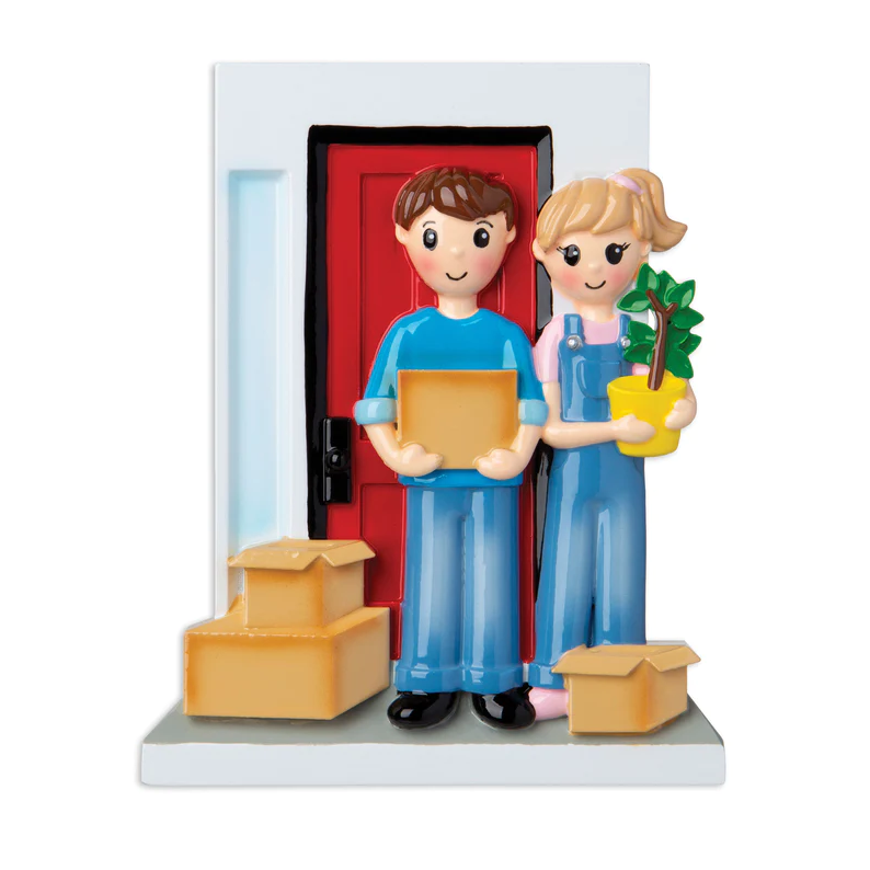 Decorative moving couple figurine with boxes and potted plant in front of a red door for Christmas tree décor under $50