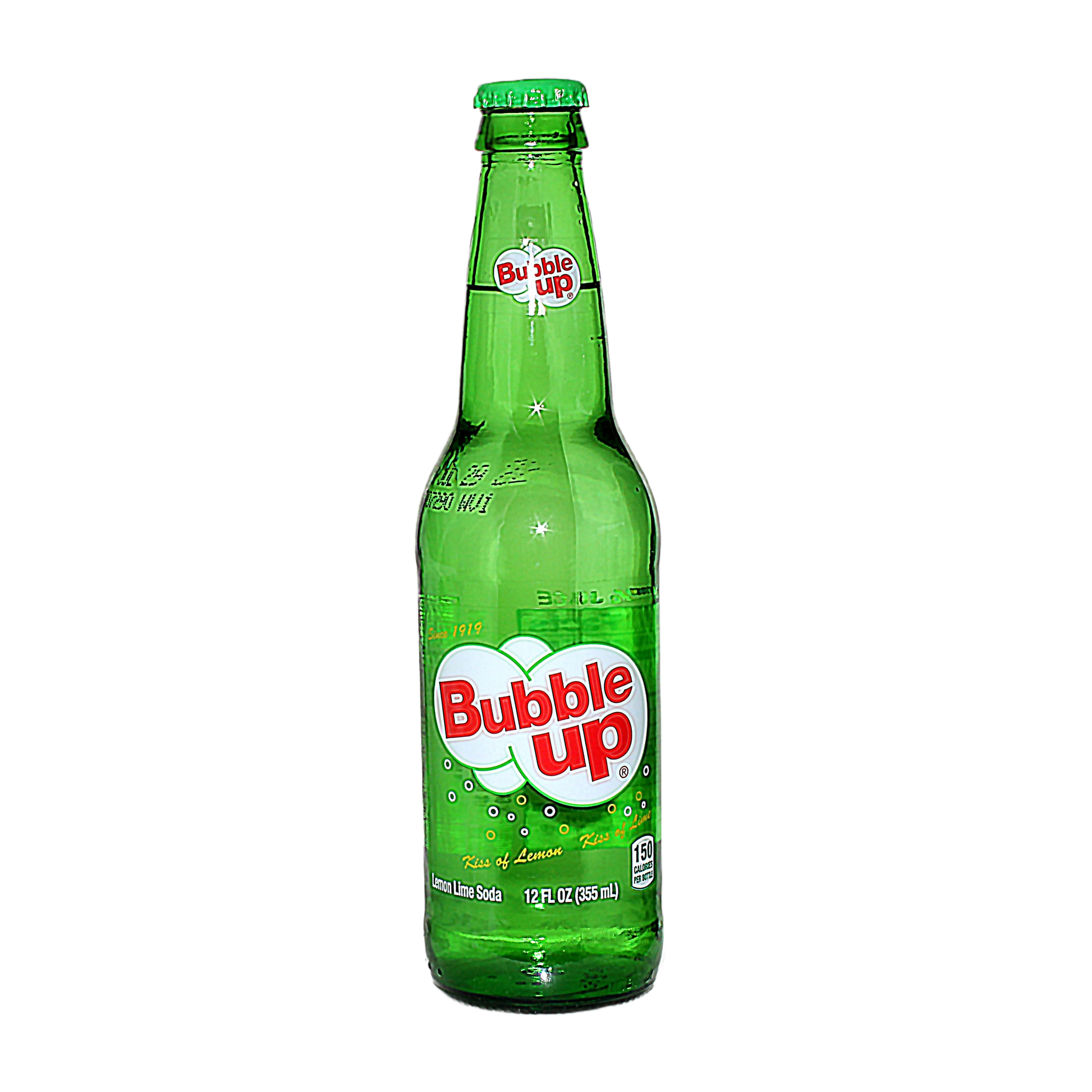 Green glass bottle of lemon-lime soda with red and white logo for refreshing beverage option