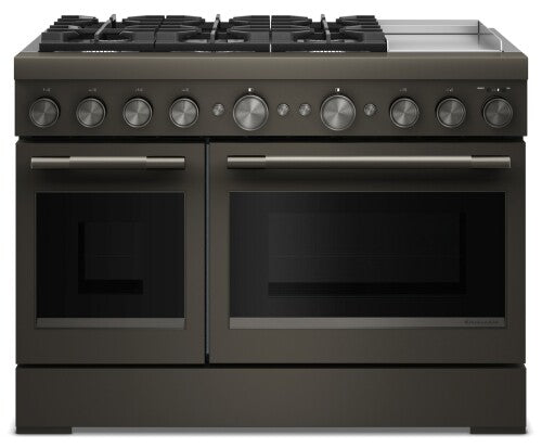 48-inch dual fuel range with six gas burners and electric double oven in KitchenAid appliances collection
