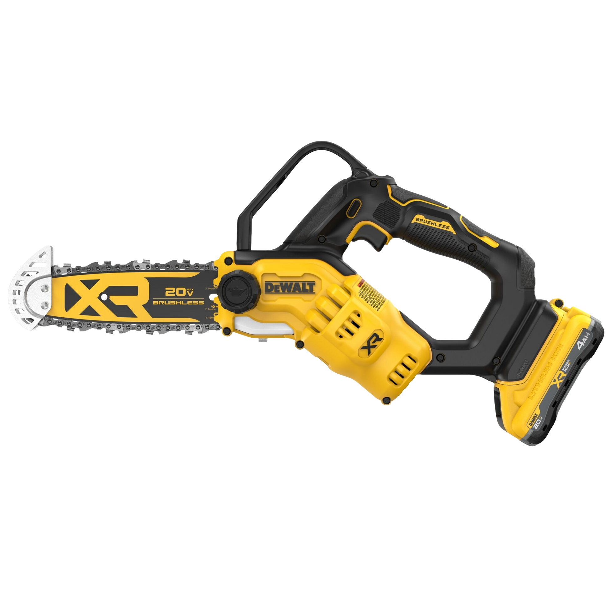 Compact cordless 8-inch chainsaw with brushless motor, ergonomic grip, and 20V battery for efficient outdoor pruning and lawn and garden tasks.