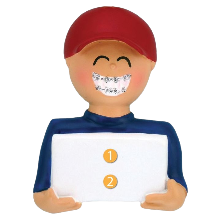 Boy ornament with braces wearing red cap holding a customizable white plaque for Christmas decorations under $50 collection