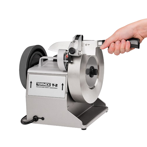 Metal kitchen knife sharpener with rotating grinding wheel and adjustable clamp for precise blade sharpening and home tool use