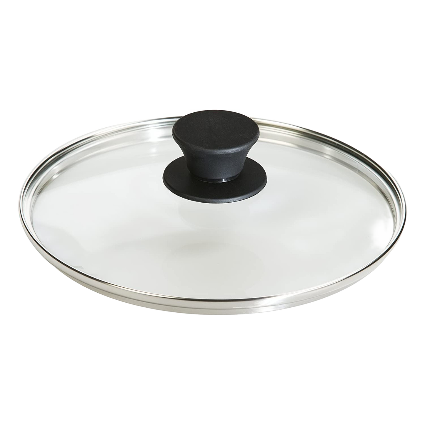 Clear round tempered glass lid with black knob handle and stainless steel rim for kitchenware under $50 collections