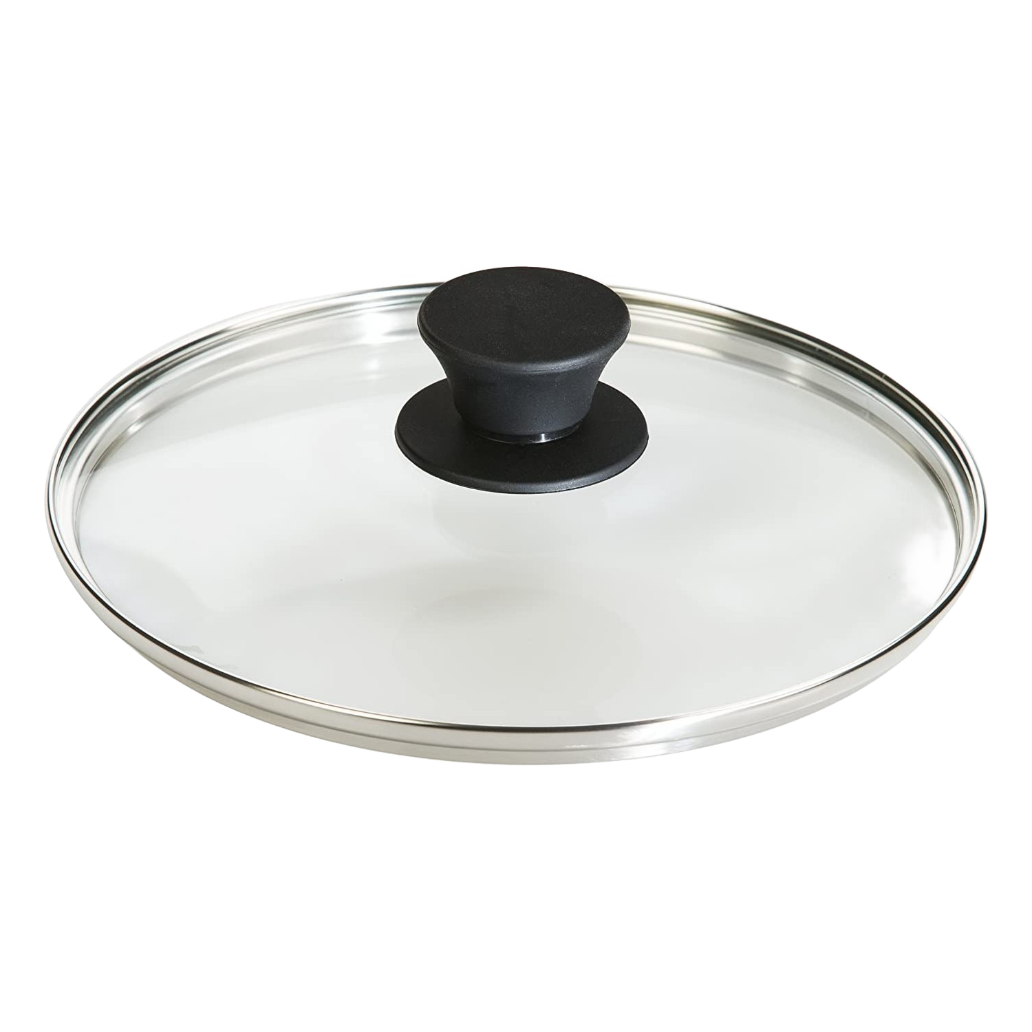 Clear round tempered glass lid with black knob handle and stainless steel rim for kitchenware under $50 collections
