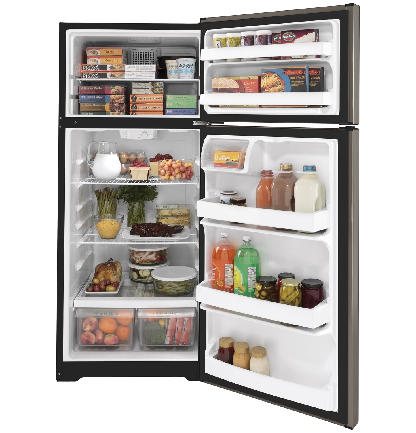 Open black top-freezer refrigerator showing organized interior shelves stocked with food and beverages in appliances collection