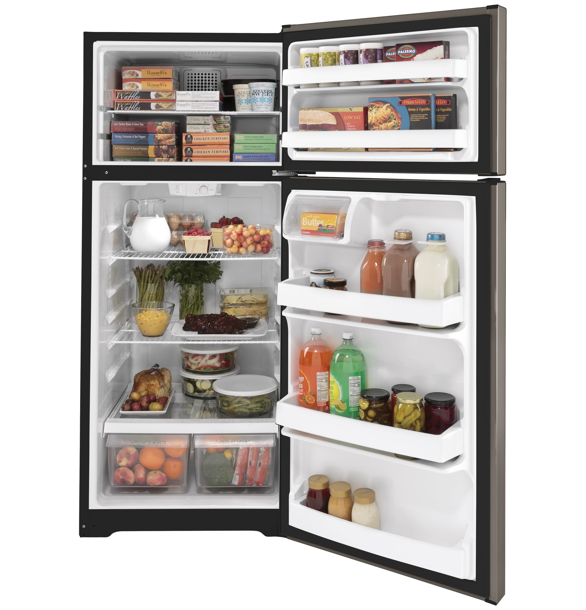 Open black top-freezer refrigerator showing organized interior shelves stocked with food and beverages in appliances collection