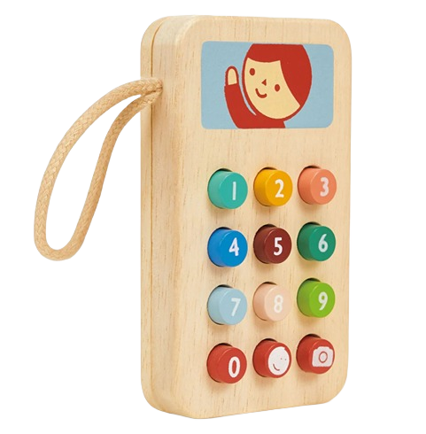Wooden pretend phone toy with colorful numbered buttons and a smiling face illustration on top
