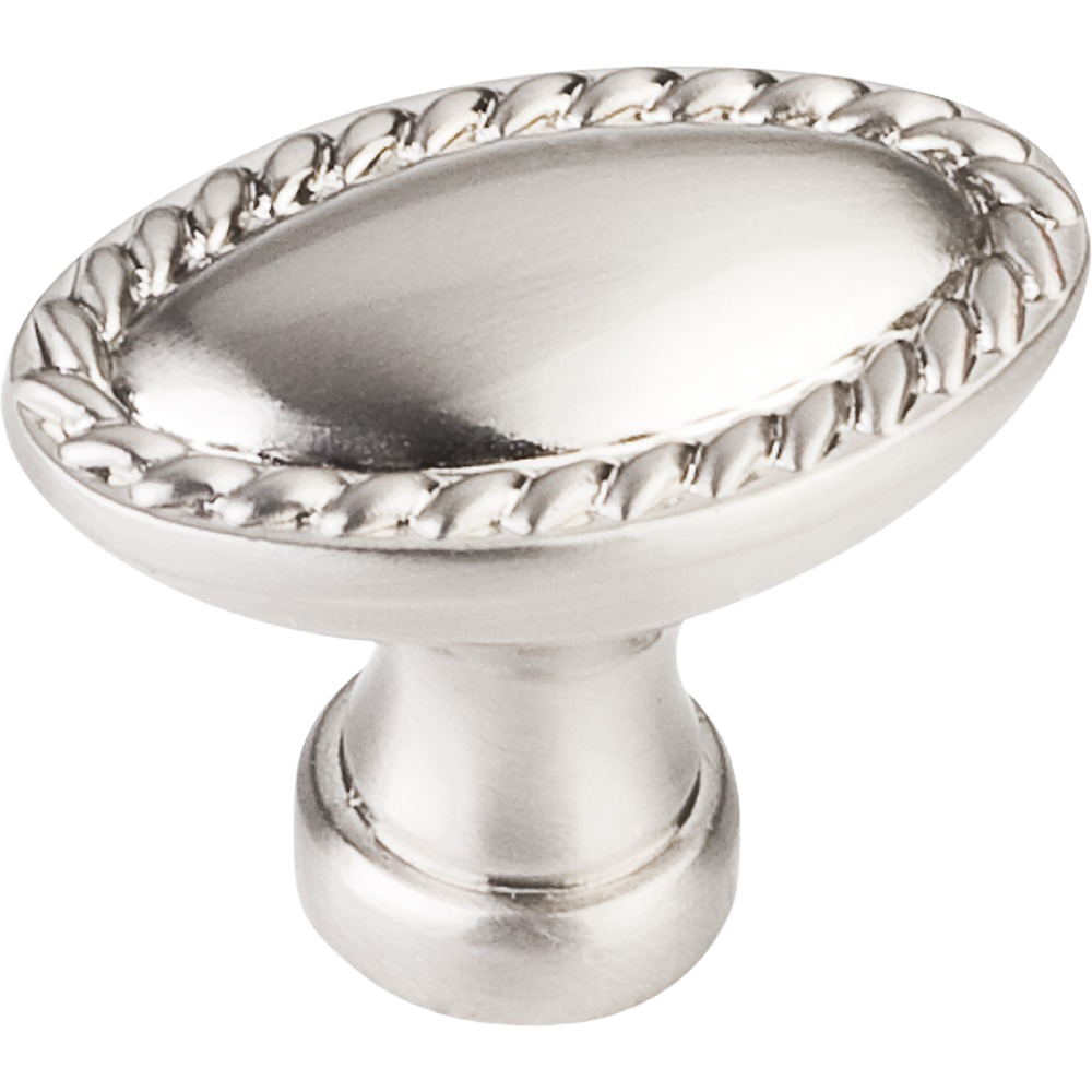 Satin nickel oblong cabinet knob with decorative rope edge, suitable for furniture hardware and home improvement projects